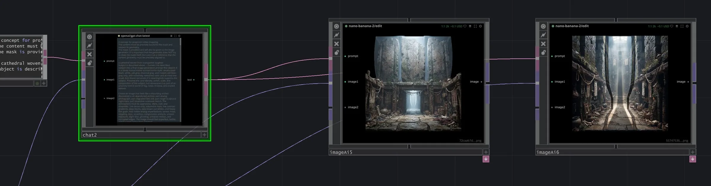 A chat ZOP feeding two generator ZOPs inside a TouchDesigner network